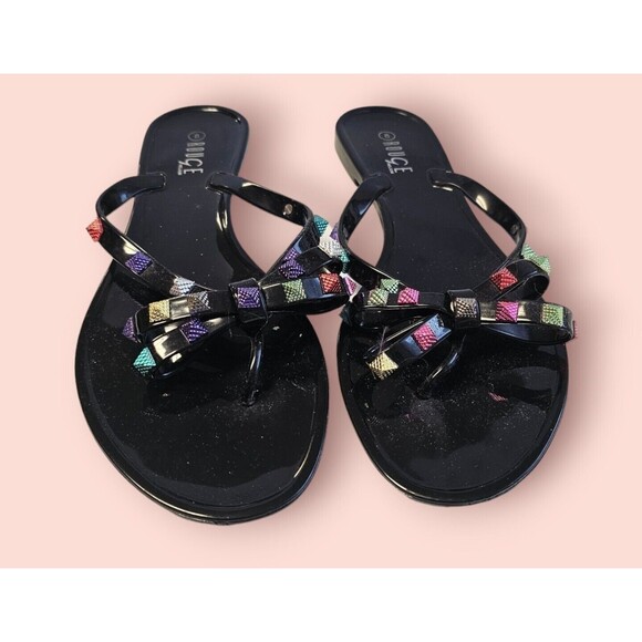 ROUGE HELIUM BLACK JELLY FLIP FLOPS SANDLE SIZE 8 MULTICOLOR STUDS. BOW - Picture 2 of 7